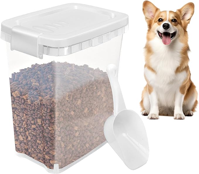 8 Lbs Dog Food Storage Container with Scoop - Airtight Cat Food Container - Buckle-Lock Pet Food Container for Dog, Cat, Bird Seed - Dog Treat Container Dry Food Storage Bin - Bright White