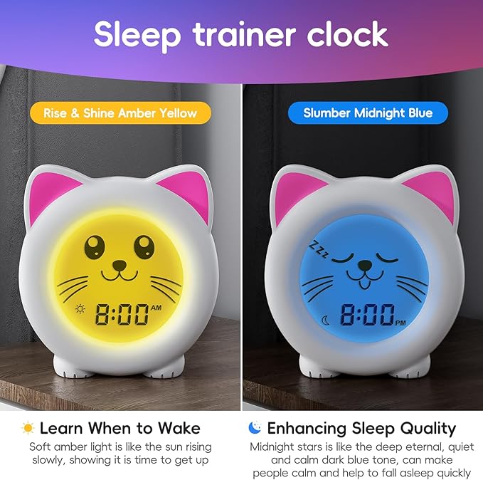 B&H Sleep Trainer Clock for Toddler - Ok to Wake Clock, USB Rechargeable Cat Kids Alarm Clock, Drop Proof, Night Light, Science-Backed Lighting for Peaceful Sleep and Ready to Rise Mornings - Kitty