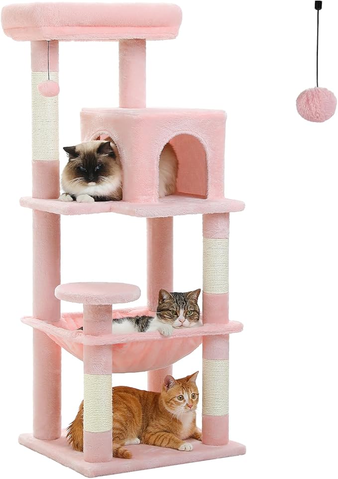 PETEPELA 45.7" Cat Tree for Indoor Cats, 5-Level Cat Tower for Large Cats with Metal Frame Large Hammock (17.3"x15.3"), Cat Condo with (18.5"x13") Big Top Perch & 4 Sisal Covered Scratching Post, Pink