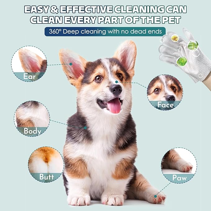 20 Pcs Pet Cleaning Glove Bathing Wipes for Dogs and Cats,No Rinse Cats Gloves Wipes,Pet Wipes for Paws, Butt, Face and Fur,Pet Bathing Gloves Wipes for Daily Care and Traveling