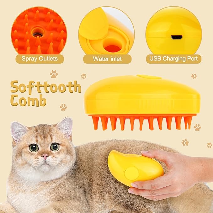 3 in 1 Steam Brush for Indoor Pets - Cat Hair Cleaning and Massage Brush Comb for Cats and Dogs (Yellow)