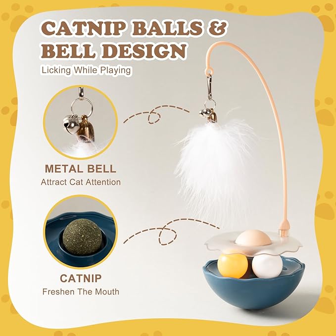 3-in-1 Tumbler Catnip Toy Interactive Cat Toys Cat Teaser with Feather and Bell, Track Balls Kitten Toys for Indoor Cats 9.8'' High (Blue)