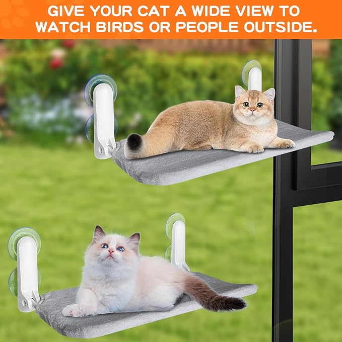 Cat Window Perch, Foldable Cat Window Bed with 4 Strong Suction Cups, Cordless Cat Hommack for Window Sill, Sturdy Metal Cat Window Seat Shelf for Indoor Cats with Reversible Cover(Grey)