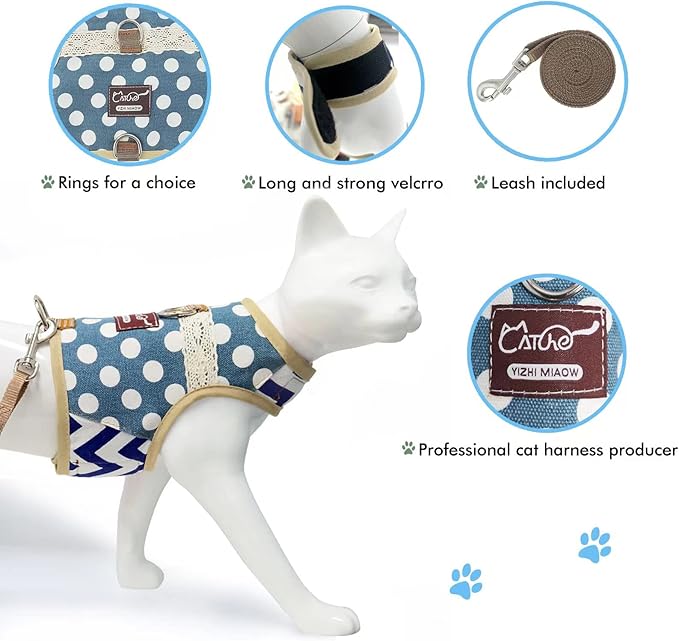 Cat Harness and Leash for Walking Escape Proof, Adjustable Cat Vest Harness, Padded Stylish Cat Walking Jackets, Polka Dot Blue, X-Small