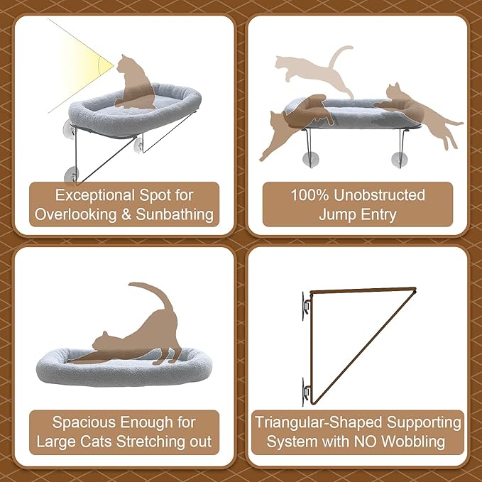 Cat Window Perch - 100% Metal Supported from Below - Comes with Warm Spacious Pet Bed - Cat Window Hammock for Large Cats & Kittens - for Sunbathing, Napping & Overlooking (Grey)