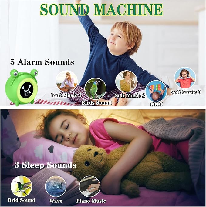 Alarm Clock for Kids Sleep Training Clock with Night Light, Sound Machine, Nap Timer, Snooze, 12/24H, Cute Bedside Clock for Toddlers Girls Boys, Birthday Gift