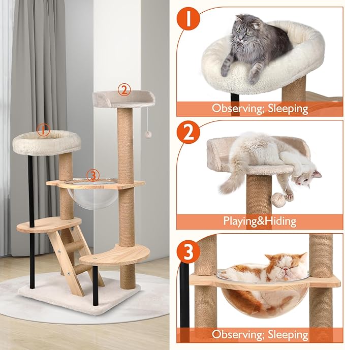 Cat Tree Tower Wood - 40inch Multi-Level Modern Cat Tower with Plush Perch, Cat Box with Large Space Capsule, Platforms, Sisal Scratching Posts, Removable Cushions for Small Cats (Natural)