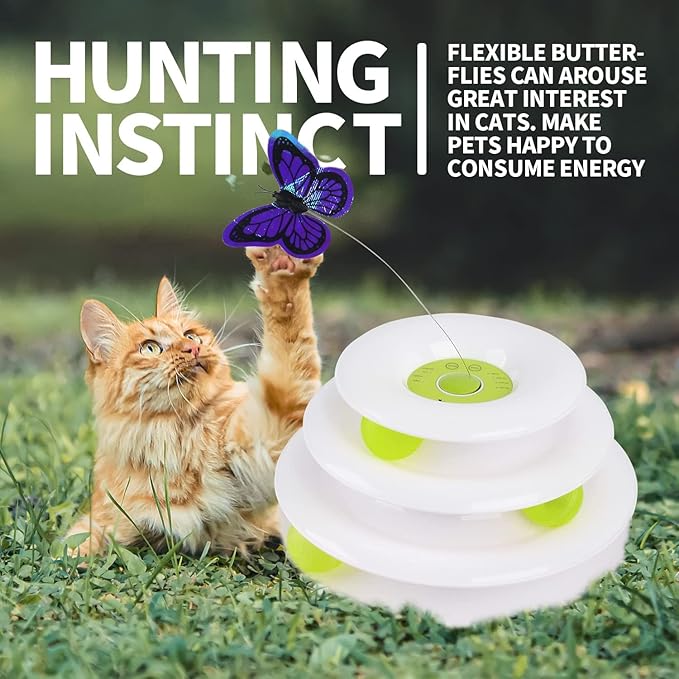 ALL FOR PAWS Interactive Cat Toys Automatic Tower of Butterfly Flutter Bug Cat Enrichment Ball Track Toy Smart Cat Toys with Timer for Indoor Cats