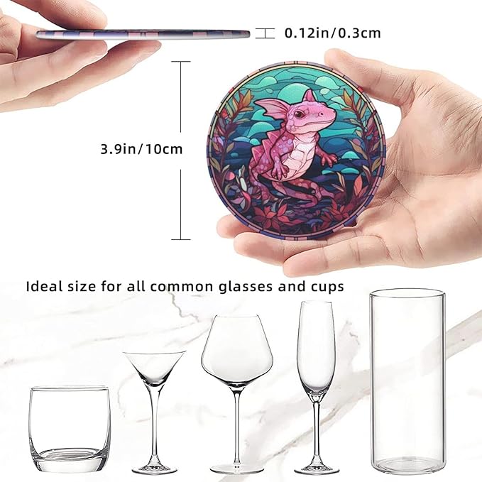 Axolotl Drink Coaster Set of 6, Axolotl Decor Gifts, Leather Drink Coasters with Holder, 6 Pack Cup/Bar/Drink Coasters for Table/Drinks/Coffee Protection Housewarming Gift (Axolotl)