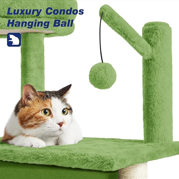 36.6" Medium Cat Tree House for Indoor Cats Soft Plush Multi-Level Cat Condo House with Hammock, Scratching Post, Green