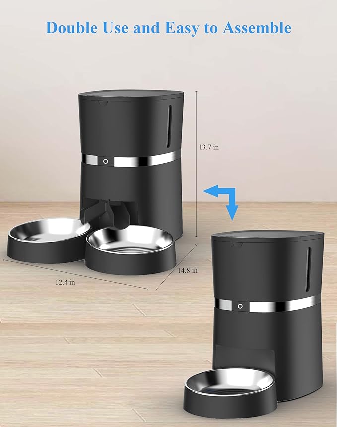 Automatic Cat Feeder, WellToBe Pet Feeder Food Dispenser for Cat & Small Dog with Two-Way Splitter and Double Bowls, up to 6 Meals with Portion Control, Voice Recorder - Battery and Plug-in Power