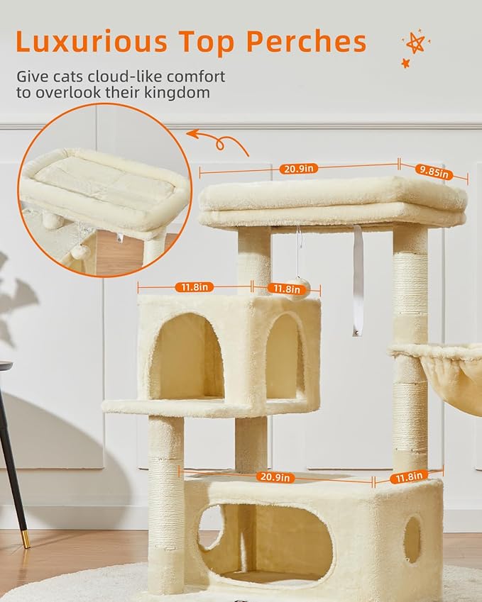 Taoqimiao Cat Tree,37.8-Inch Cat Tower for Indoor Cats,2 Luxurious cat condo with Adjustable Large Hanging Baskets and Large Luxurious Perch Beige MS029M
