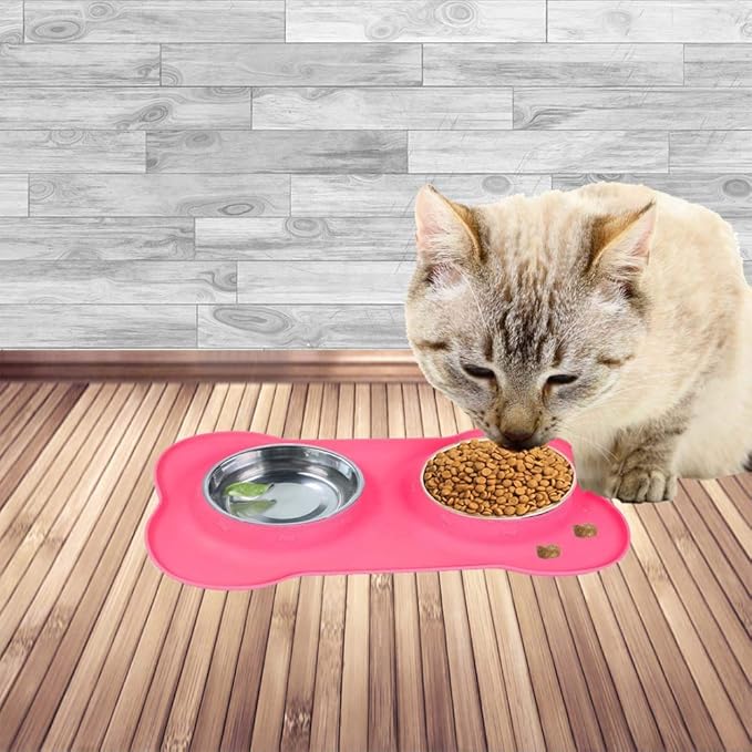 AsFrost Dog Food Bowls Stainless Steel Pet Bowls & Dog Water Bowls & Cat Bowls for Food and Water No-Spill Non-Skid Silicone Mat, Feeding Bowls with Dog Bowl Mat for Dogs Cat Dood Dish, Pink, 12oz