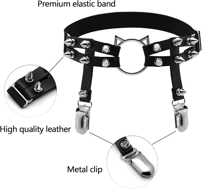 2pcs Adjustable Cat Leg Garter with Anti-Slip Clips, Elastic Punk Gothic Thigh Garter for Women and Ladies, 2 Pcs Black
