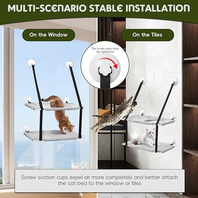 Cat Window Perch, Double Layers Cat Hammock with 6 Stable Screw Suction Cups, Foldable Cat Window Bed Hold Two Cats, Cat Window Seat with Flannel Cat Shelves for Wall