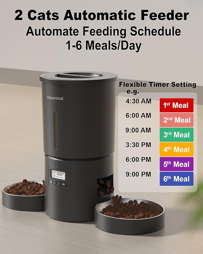 Automatic Cat Feeder for 2 Cats,4.2L Flexible Schedule,6 Meals/Day,1-12 Portions/Meal,Dual Power Auto Dual Pets Feeder Dry Food Dispenser,10S Voice Record(Black,4.2L+Stainless Steel 2 Bowls)