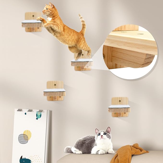 Cat shelves for wall with 4 Steps Scratch Post 13 * 13 in Indoor Walled Mounted Cat Bed with 6 Felt Pad Wood Cat Bed Hammock with Climbing Shelf for Cats Support 20 LBS