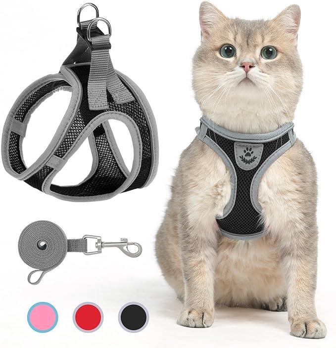 SCENEREAL Cat Harness and Leash Set Escape Proof, Adjustable Soft Air Mesh Kitten Harnesses for Girls Boys Small Medium Big Cats, Reflective Light Travel Pet Walking Vest for Puppy Rabbit, Black M