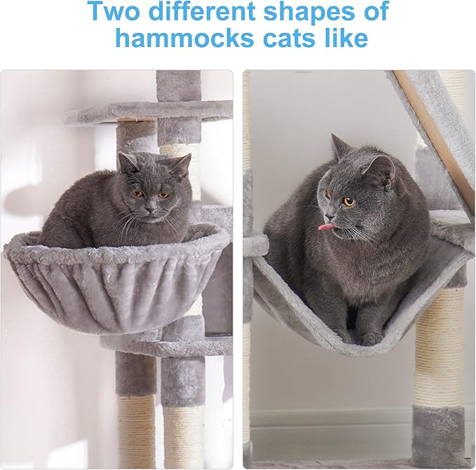Hey-brother Cat Tree, 61 inch Cat Tower for Indoor Cats, Cat House with Padded Platform Bed, Toy Balls, Large Cozy Condo, Hammocks and Sisal Scratching Posts, Light Gray MPJ019W