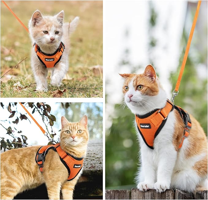 Dooradar Cat Harness and Leash Set, Escape Proof Safe Adjustable Kitten Vest Harnesses for Walking, Easy Control Soft Breathable Mesh Jacket with Reflective Strips for Cats, Orange, S