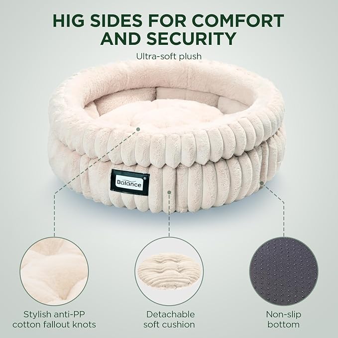 BALANCE Cat Bed Kitten Bed, Washable Round Cat Beds for Indoor Cats,Super Soft Plush Faux Fur Pet Bed for Puppy and Kitten with Anti-Slip Bottom