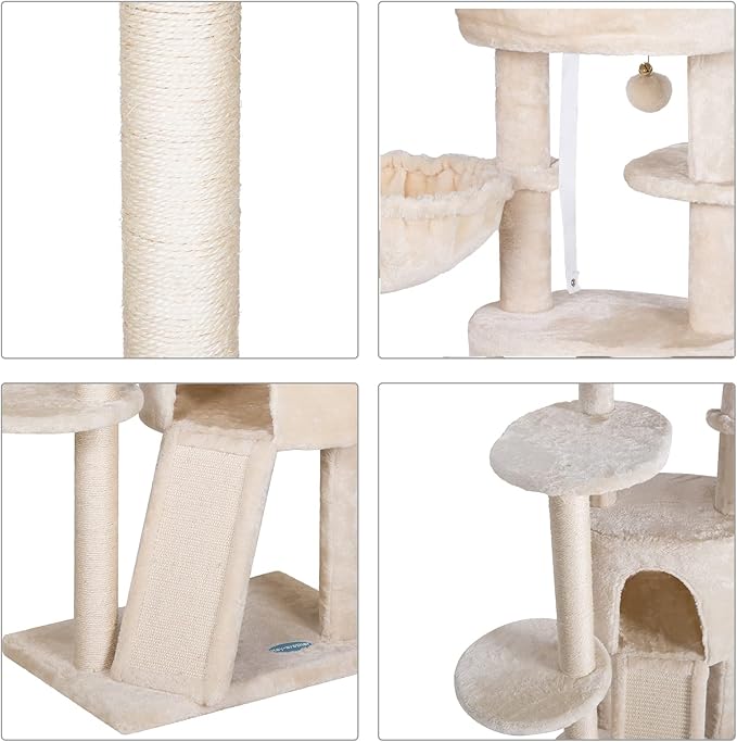 Hey-brother Cat Tree with Scratching Board, Cat Tower with Padded Plush Perch and Cozy Basket, Multi-Platform for Jump, Beige MPJ005M