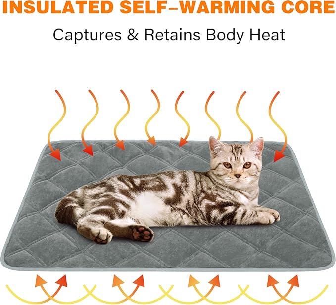 Self Warming Cat Bed, Pet Crate Pad for Indoor and Outdoor, Washable Heating Cat Mat Bed with Non-Slip Bottom for Cats, Puppy and Small Dogs - Grey, S:19"x28"