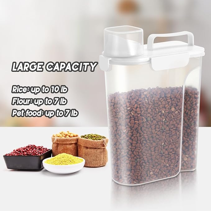 5-7LBS Plastic Dog Food and Cat Food Storage Container Does not Contain PBA. The Pet Food Storage Container with 4-Buckle Handle Design is Leak-Proof, Easy to Clean and Portable