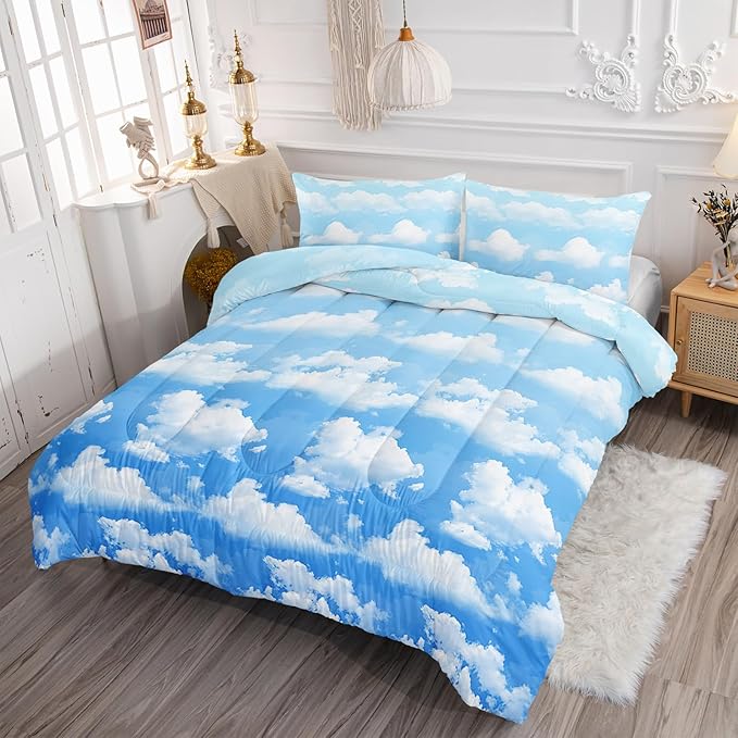 Axolotl Blue Cloud Comforter Set Full,Light Blue Bedding Set,Cloud Sky Comforter Set Blue Sky and White Clouds Design Bedding Set,Sky Blue Comforter for Kids Girls Boys Teens,1 Quilt 2 Pillowcases