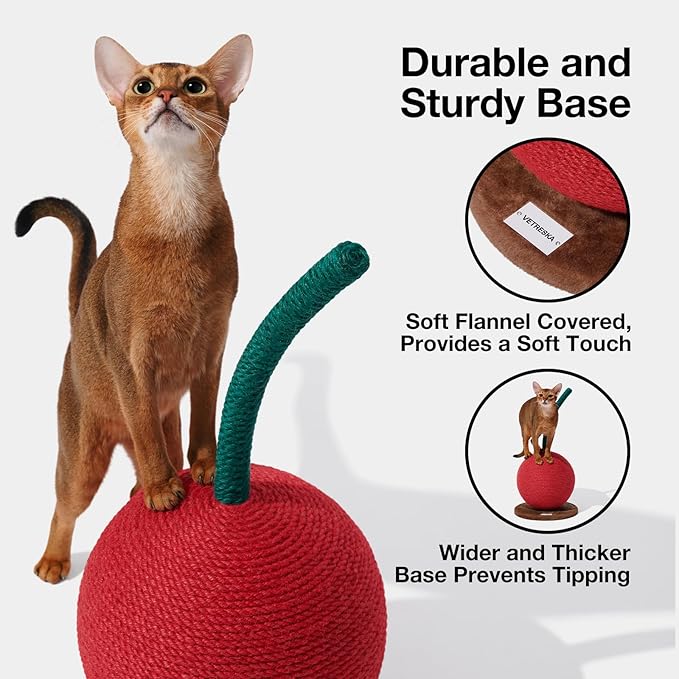 VETRESKA Cherry Cat Scratching Post, 22.64" Tall Cat Scratcher with Sisal Rope Ball, Vertical Cat Scratch Post Claw Scratchers for Indoor Cats, Kitten Supplies