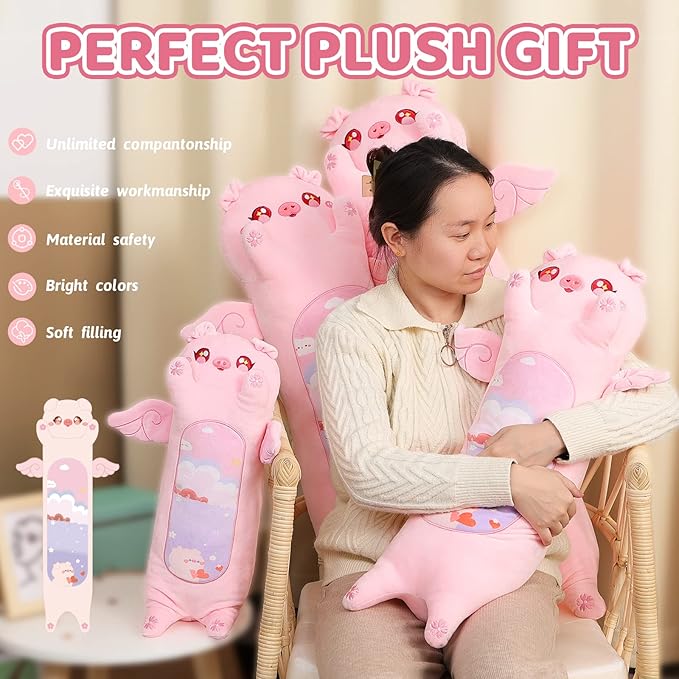 AIXINI Long Pig Plush Pillow Cute Angel Pink Pig Stuffed Animals, Soft Kawaii Piggy Plushies Pillow Toy for Kids (Angel Pig,27.5inch)