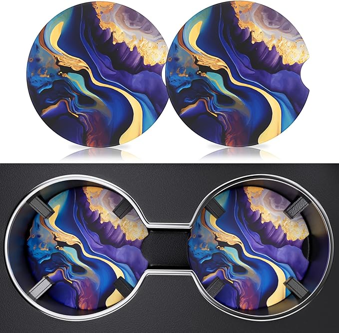 2 Pack Car Cup Holder Coasters, 2.63 inch Anti Slip Insert Absorbent Ceramic Coasters with Cork Base and Finger Notch, Cute Car Accessories Interior for Women