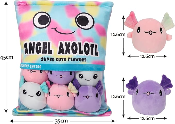 Axolotl Plush Pillow, Cute Axolotl Pillow with Axolotl Plushies, Bag of Axolotl Stuffed Animal Dolls, Stuffed Axolotl Gift for Kids, Cute Plush Axolotl Toy for Birthday, Christmas (Colorful Axolotl)