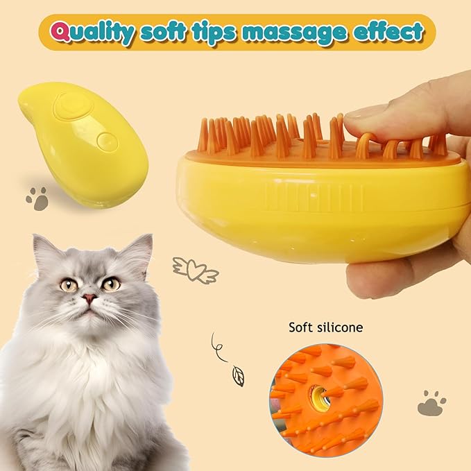 3 In 1 Steam Pet Brush - Self-Cleaning Steamer for Cat Massage, Removing Tangles, Loose Hair, and Spray Grooming (Yellow)
