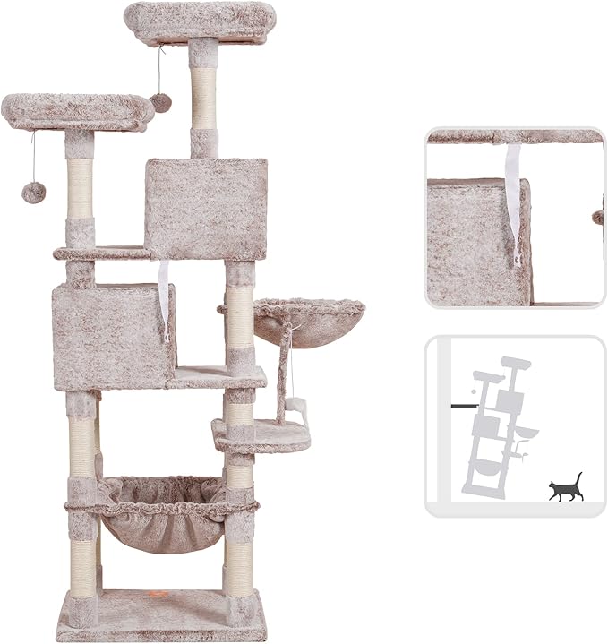 Heybly Cat Tree, 70 inches Tall Cat Tower condo with Toy for Indoor Large Cats, Cat House Furniture with Padded Plush Perch, Cozy Hammock and Sisal Scratching Posts,Muchroom HCT032MU