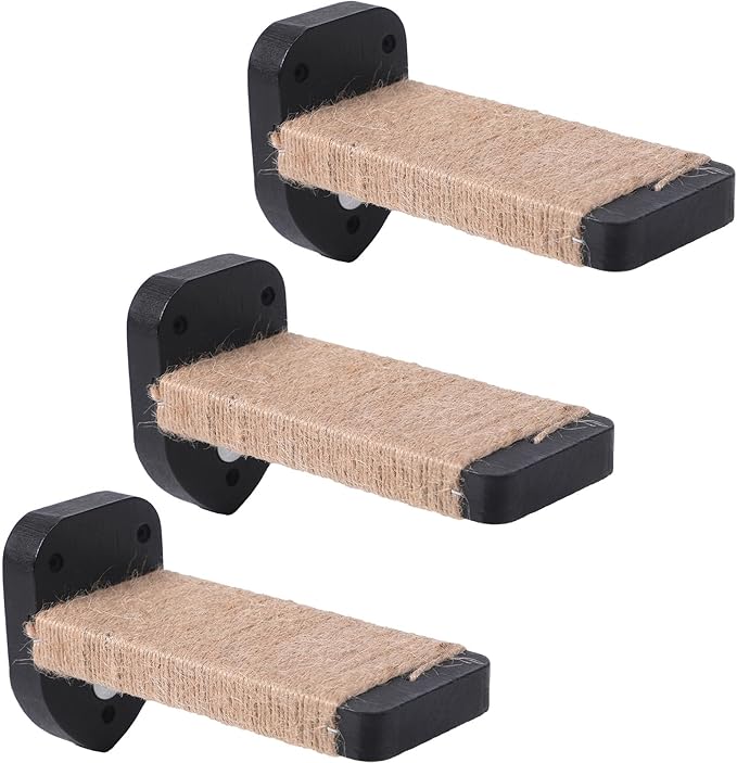 3pcs Cat Wall Steps, Cat Climbing Wall Mounted Cat Furniture, Cat Wall Shelves Cat Steps for Wall with Hemp Rope Covered, Solid Wood Cat Ladder for Cats Playing and Climbing (Standard-Black)
