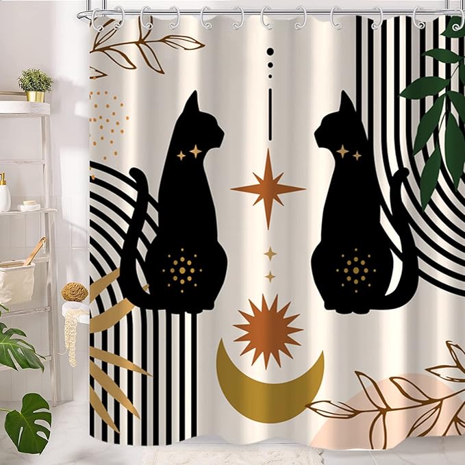 AWERT Boho Mid Century Cute Cat Shower Curtain for Bathroom with Hooks Minimalist Abstract Fabric Shower Curtain 60x72inch