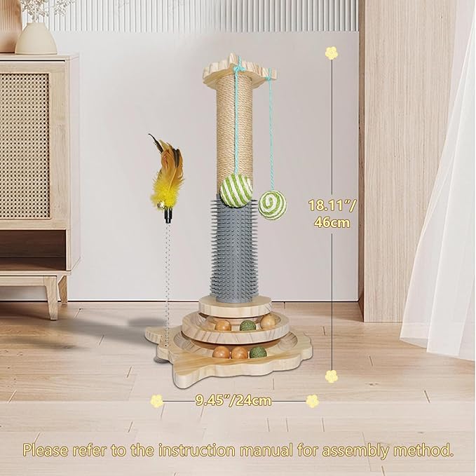 Cat Scratching Post, 6 in 1 Cat Scratcher for Indoor Cat, 18.11" Tall Cat Climbing Pole with Removable Cat Teaser, Interactive Cat Toy with Two Sisal Balls, Natural Sisal, Wood Base