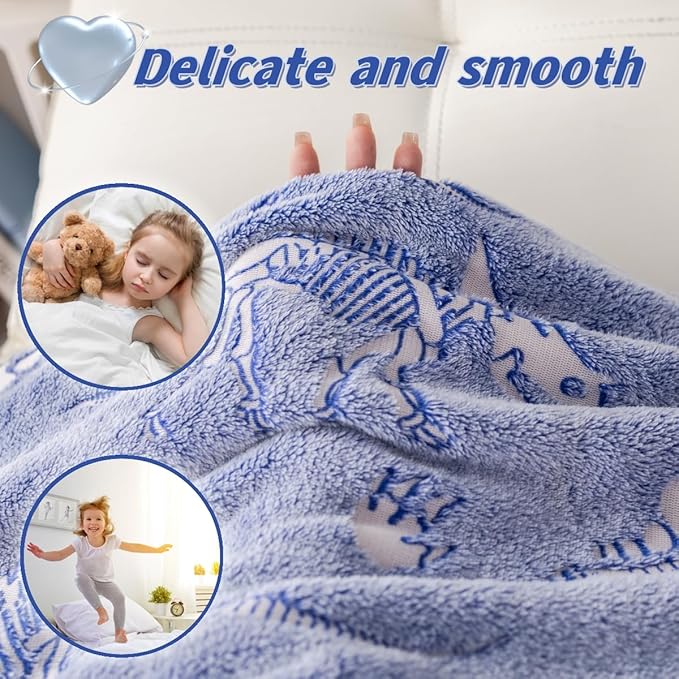 2025 Best Gift Dinosaur Gifts Toys for Kids Boys, Dinosaur Fossil Pattern Blanket Glow in The Dark Throw Blanket, Soft Plush Kids Blanket, Fun Dinosaur Theme, Birthday Gift, 50"*60", Blue