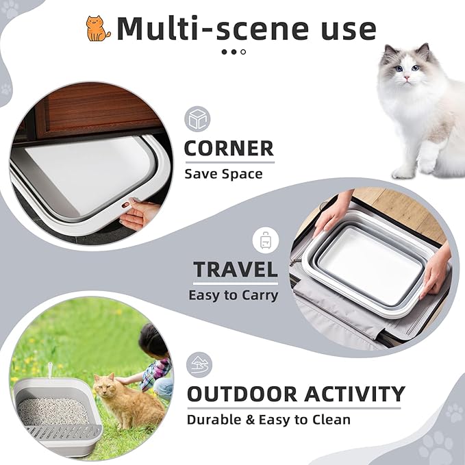 2Pcs Cat Litter Box, Collapsible Kitten Litter Box with Scoop, Open Potty Pan Cat Toilet Portable Cats Litter Box Travel Litter Easy to Clean and Assemble
