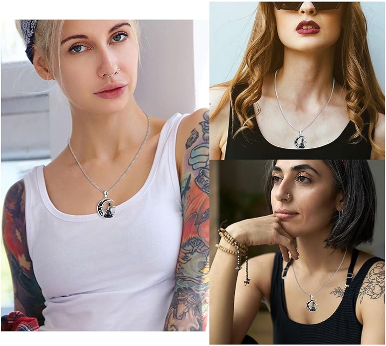 AUDINCCED Black Cat Necklace Turtle Necklace Gothic Jewelry Butterfly Necklace Cat Necklace 925 Sterling Silver Crescent Moon Necklace for Women Cat Gifts for Cat Lovers