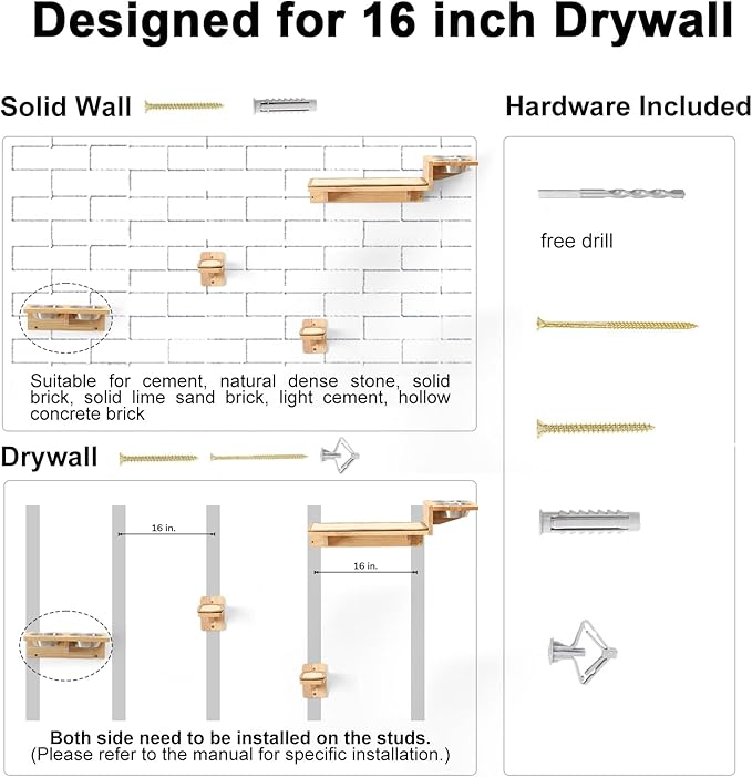 FUKUMARU Cat Wall Shelves, 3 in 1 Cat Wall Furniture Set, Cat Food Station with 2 Wall Steps, Solid Rubber Wood Cat Perch, Suitable for Cats Play, Nap, Eat, DIY Wall Jungle Gym