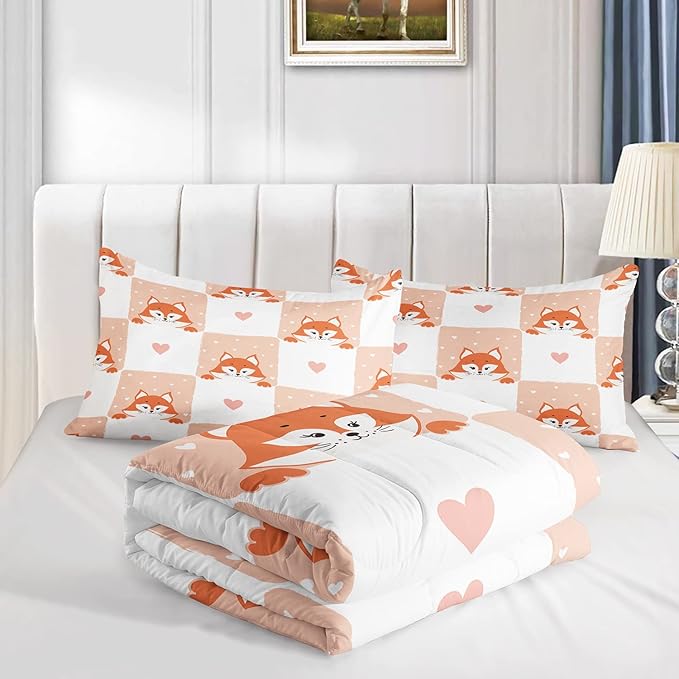 AILONEN Fox Comforter Set, Full Size, Cute Fox Quilt for Teen Girls & Kids, Animal Pattern Printed Superior Kids Bedding Set, Microfiber Fabric, 3 Piece Set (1 Comforter & 2 Pillowcases)