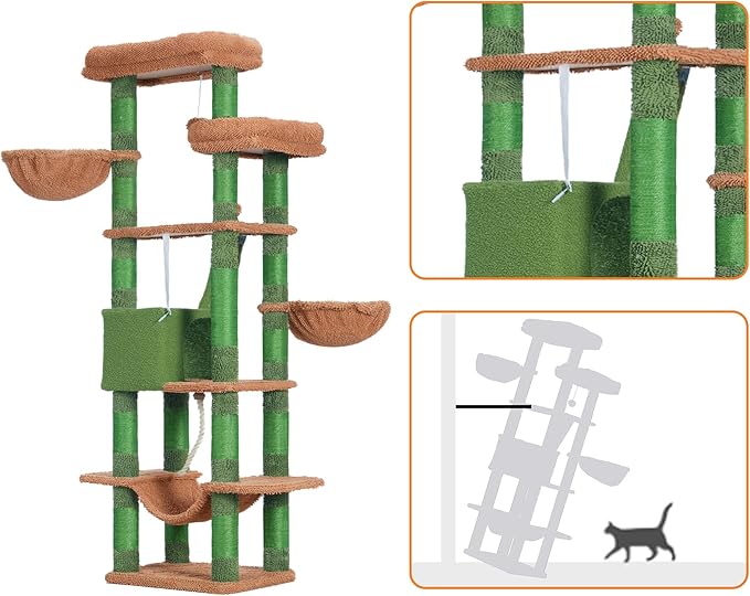 Heybly Cat Tree, 68 inch Multi-Level Cat Tower for Indoor Cats, 2 Widened Plush Perches Cat Condo with Scratching Board and Big Caves, HCT025CA
