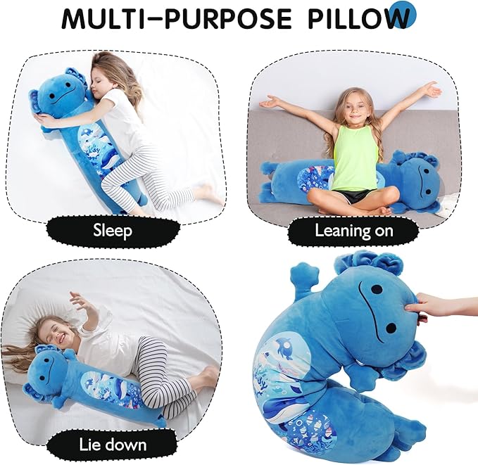 36 inch Long Axolotl Plush Body Pillow, Giant Cute Blue Ocean Axolotl Stuffed Animals, Big Salamander Squishy Soft Plushies Toy, Gifts for Kids Girls and Boys, Birthdays ﻿Easter