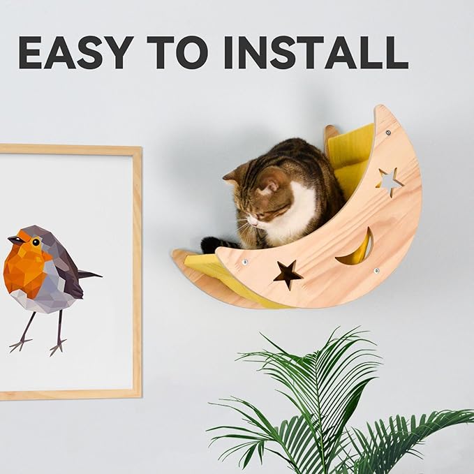 Cat Hammock Moon Bed Wall Mounted Shelf Cat Wall Shelves and Perches Solid Wood Cat Wall Furniture Cats Wall Bed for Cats and Kitty Easy Installation-Single Moon