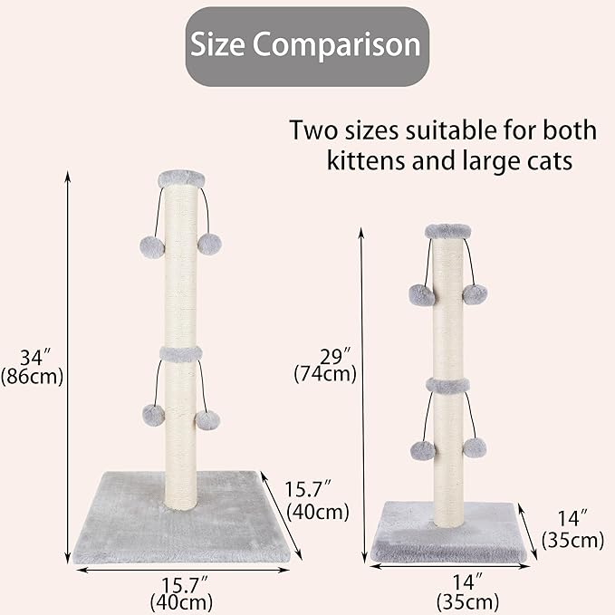 Dimaka 34'' Cat Scratching Post, Cat Scratching Post, Cat Scratcher for Large Cats with Teasing Toy Ball, Natural Sisal White and Grey (Grey)