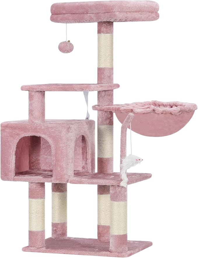 Heybly Cat Tree with Toy, Cat Tower condo for Indoor Cats, Cat House with Padded Plush Perch, Cozy Hammock and Sisal Scratching Posts, Skin Pink HCT004SP