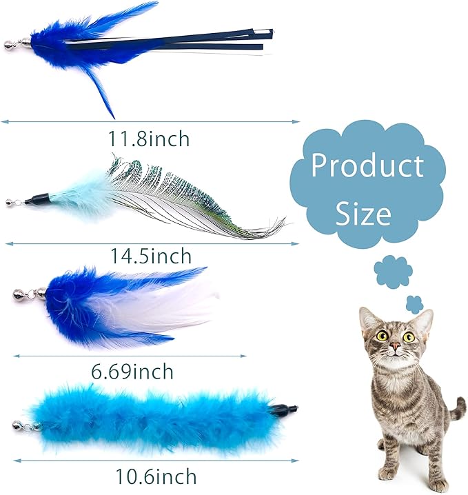 12pcs Cat Feather Toys with Bells Blue for Male Cats Replacement for Wand Boy Kitten Toys Interactive Training Indoor Cat Playing Birthday Gift for Chasing Jumping Exercise Refill Toy