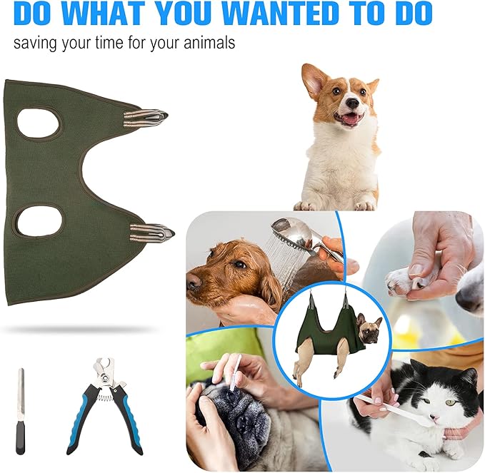 10 in 1 Pet Dog Grooming Hammock Harness with Nail Clipper,Nail File,Dog Nail Hammock,Dog Grooming Sling for Nail Trimming/Clipping (XXL+ / 100LB Max, Khaki Green)